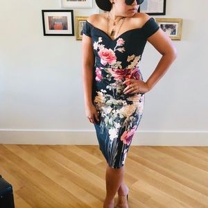 Off the Shoulder Black Floral Dress